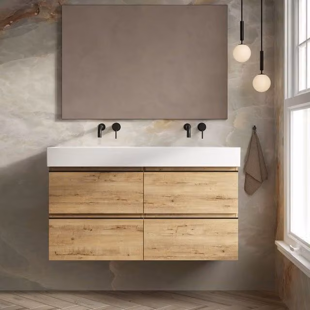 Banyetti Vatilla 1200mm Wall Hung Vanity Unit with Veneto No Tap Hole Basin in Ostippo Oak Light Oak, W: 120 cm, D: 45 cm, H: 59 cm