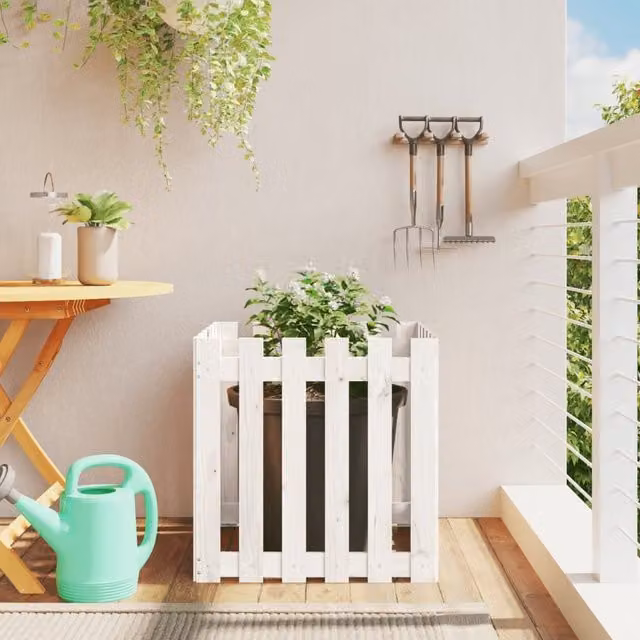 Berkfield Home Garden Planter with Fence Design in White, Solid Wood and Plastic, W/D/H: 60 x 60 x 60 cm