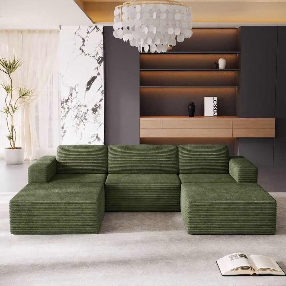 Dprodo Green Corduroy Modular U-Shape Sofa with Matching Ottoman and Removable Covers – 8