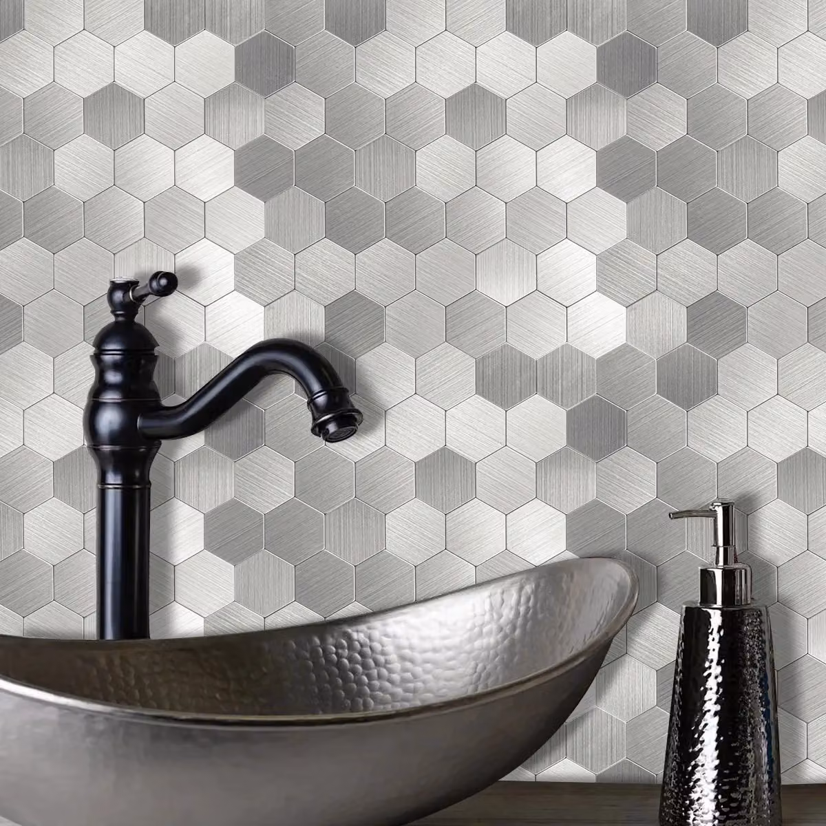 ENER-J HexaStyle Silver Aluminum Peel and Stick Geometric Wall Tiles, Pack of 4, W: 290 mm, D: 288 mm, H: 4 mm – 3