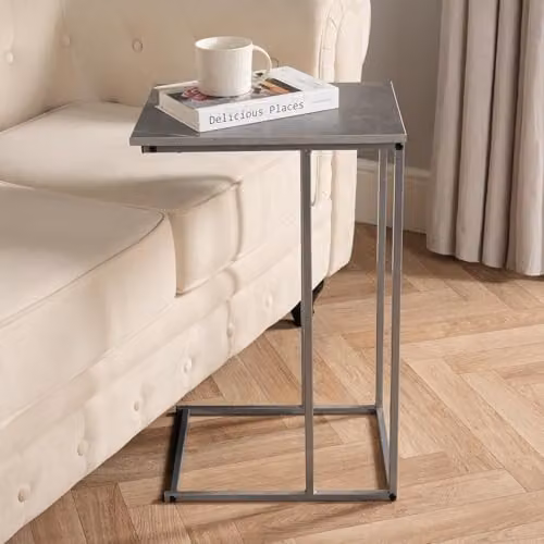 OHS Grey Marble Effect C-Shaped Side Table with Metal Frame – 1
