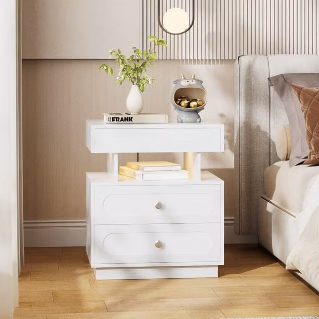 Livingandhome White 3 Drawer Bedside Table with Integrated LED Light