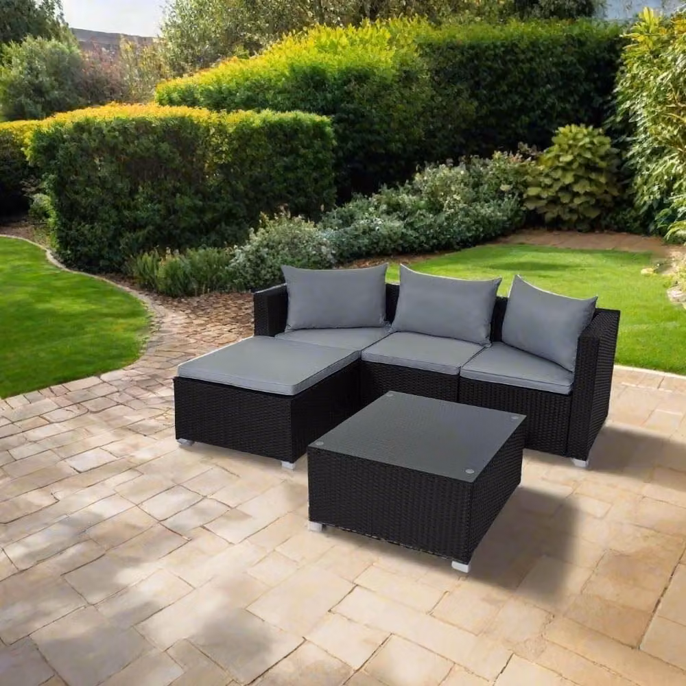 EVRE Malaga Black Rattan L-Shape Outdoor Garden Furniture Set with Cushions, Coffee Table and Ottoman