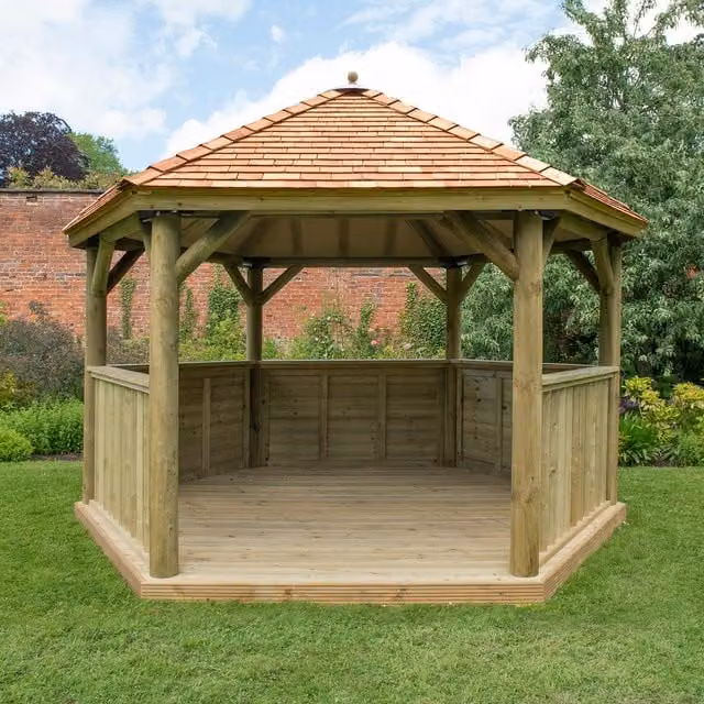 Forest Hexagonal Garden Gazebo in Brown Rustic Wood and Steel, 4 Metre