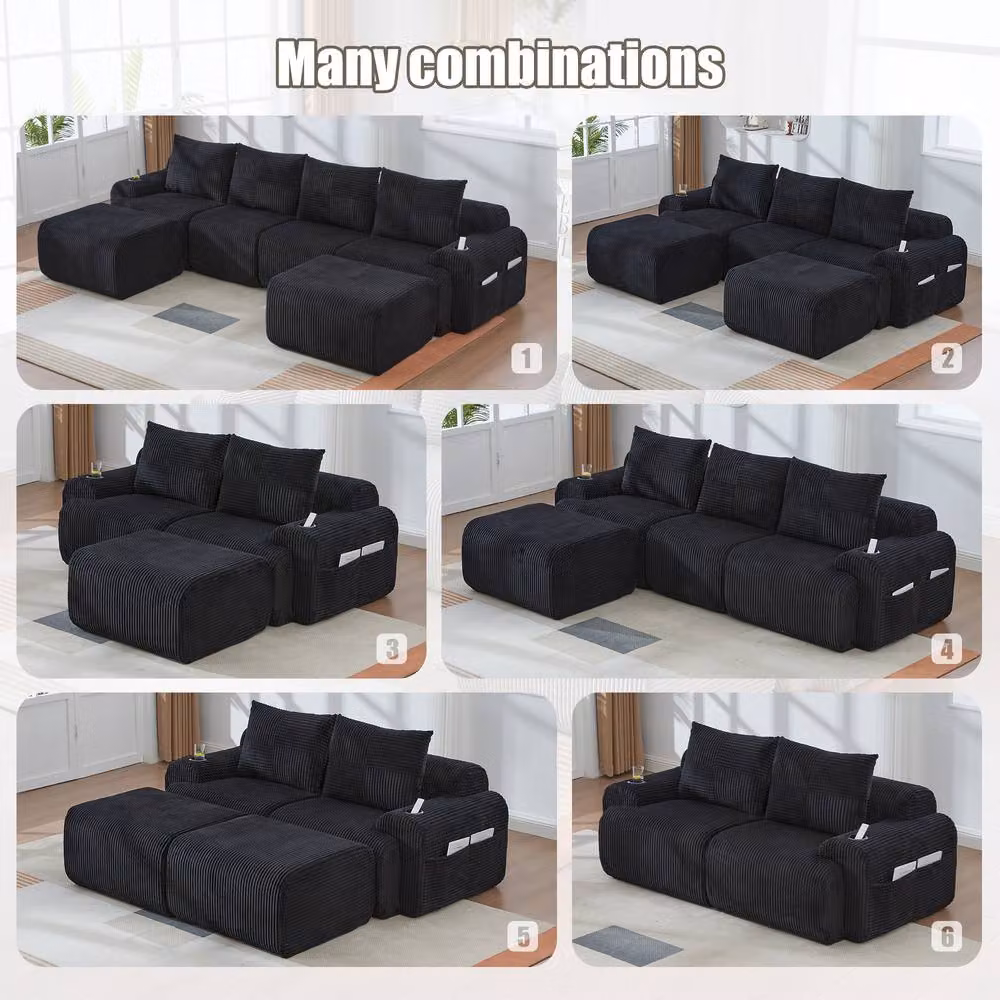 Matteo 4-Seater Modular Corduroy Sofa with Storage in Black – 4