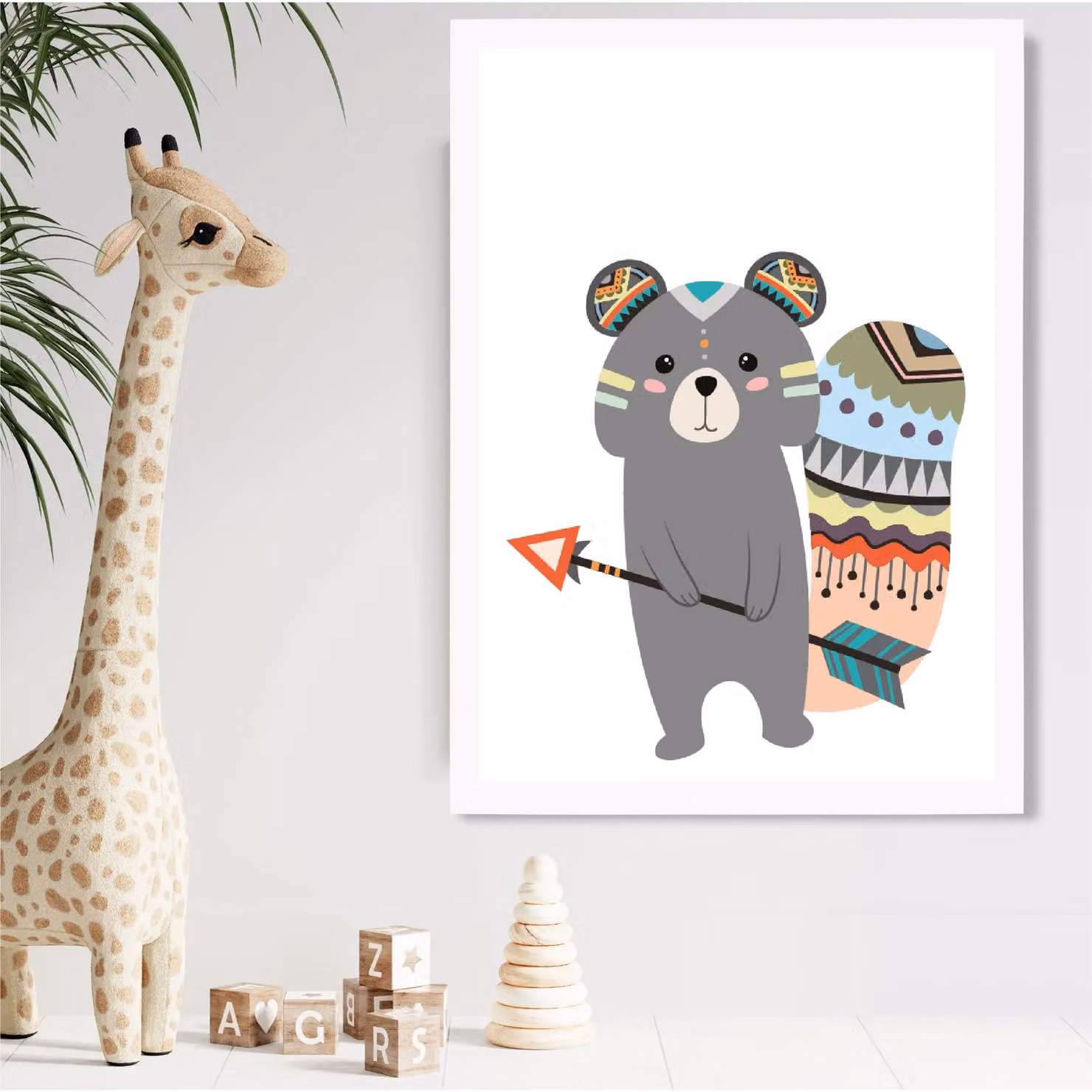 ARTZE Grey Squirrel Tribal Animal Framed Print in White, A2