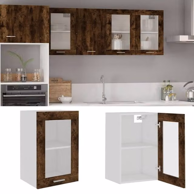 Berkfield Home Smoked Oak Hanging Glass Cabinet, Brown, W: 40 cm, D: 31 cm, H: 60 cm