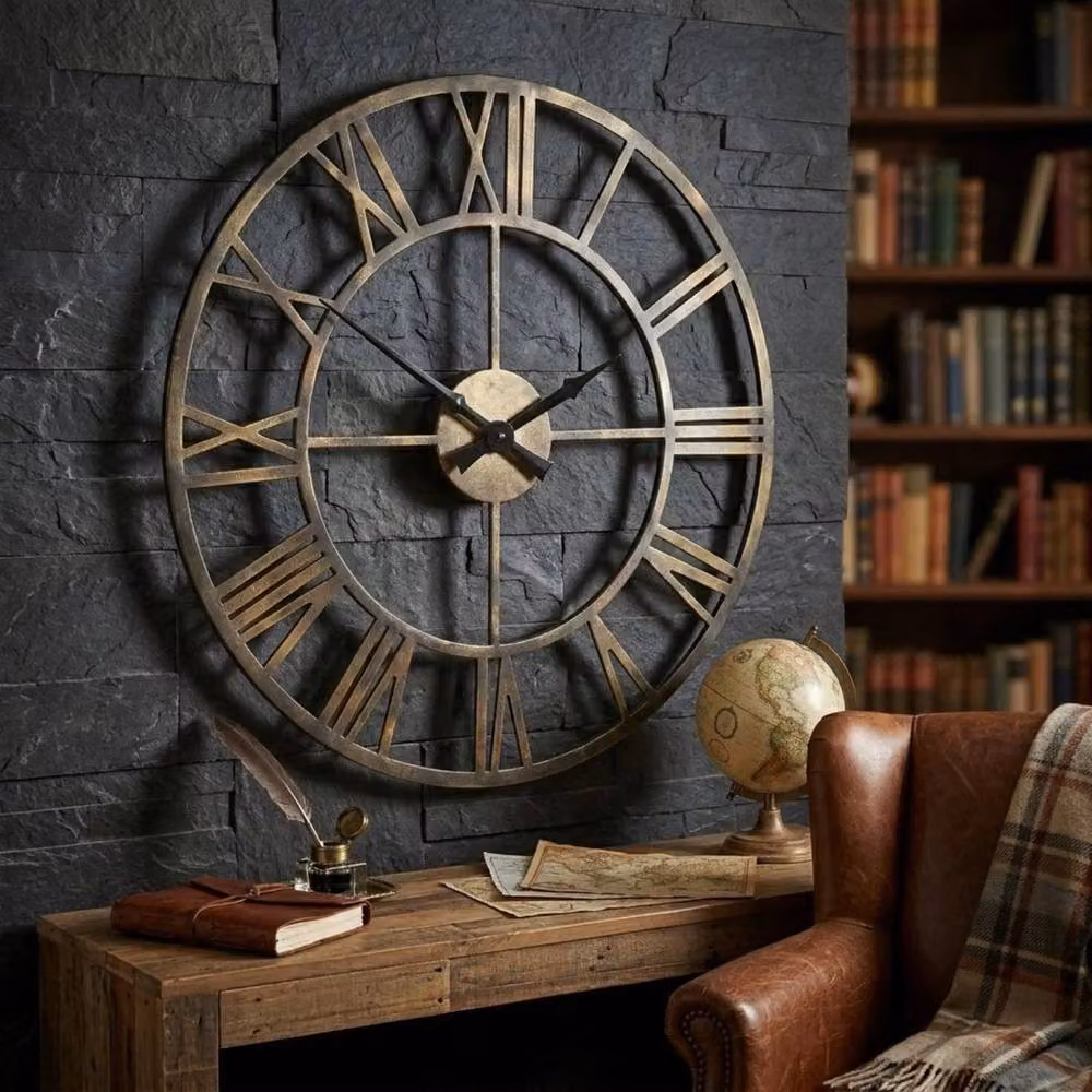 EONLION Vintage Round Metal Wall Clock in Brown, Diameter: 50 cm – 2