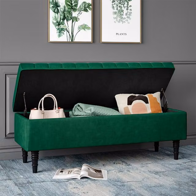 Livingandhome Green Velvet Storage Ottoman Entryway Bench