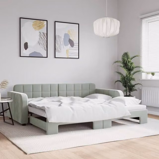 Berkfield Home Modern Velvet Daybed with Trundle in Light Grey, W/D/H: 90 x 190 cm