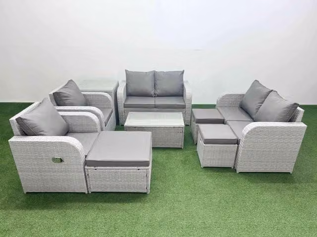 Fimous 9 Seater Rattan Garden Furniture Set with Reclining Love Sofa, Rectangular Coffee Table and 3 Stools in Light Grey