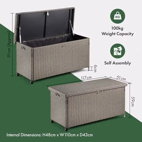 VonHaus Bali Grey Rattan Garden Storage Box, 290L Weatherproof Outdoor Container with Lockable Lid and Waterproof Liner – 7
