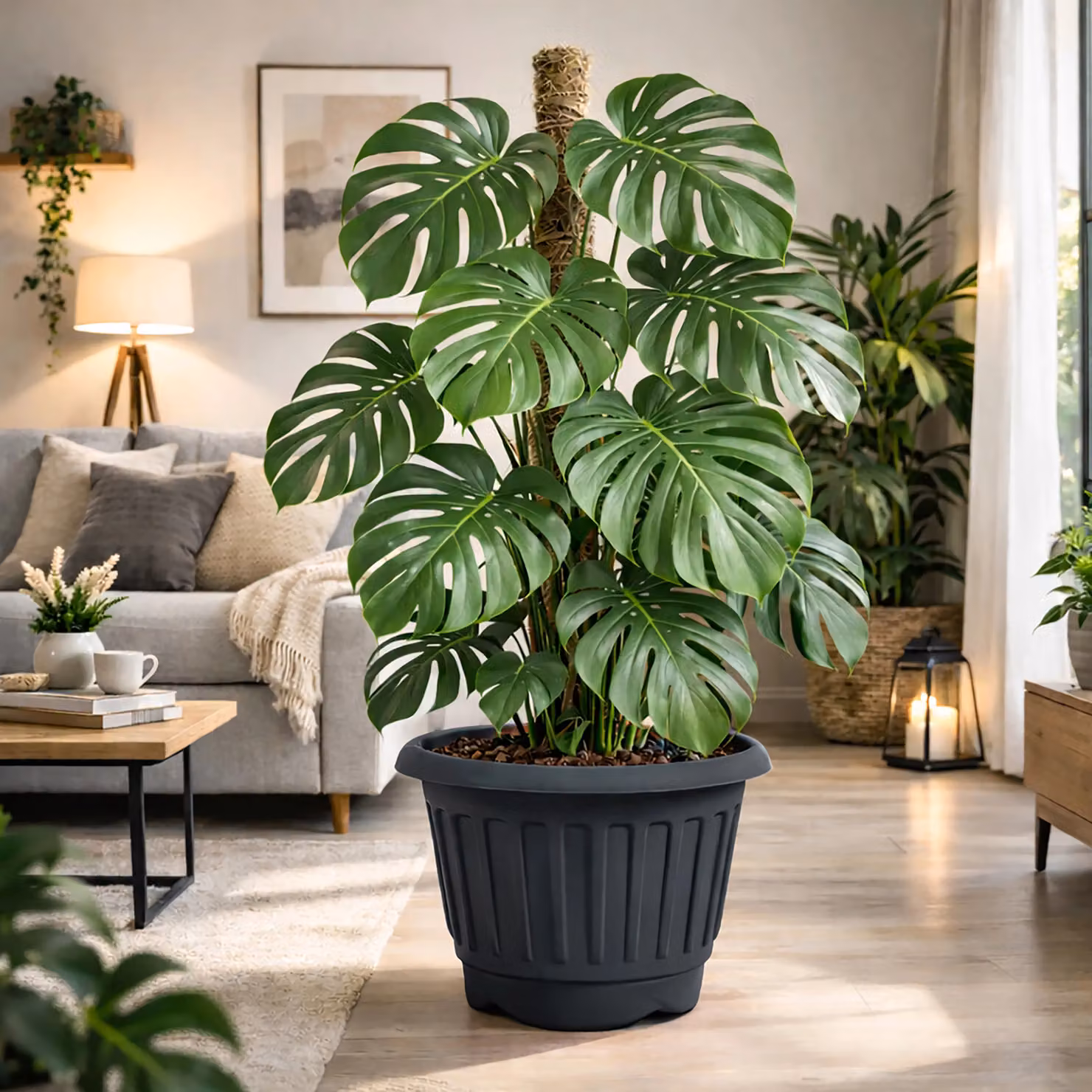 Simpa Set of 2 Round Chunky Plastic Planter Tubs in Black, Diameter: 40 cm – 3