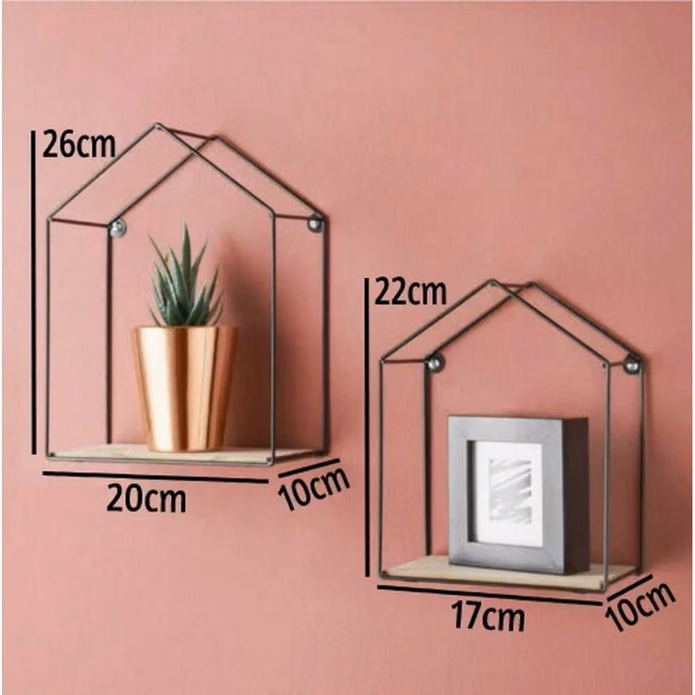 PAWNORA Set of 2 Black Metal and Wood Wire Wall Floating Shelves – 2