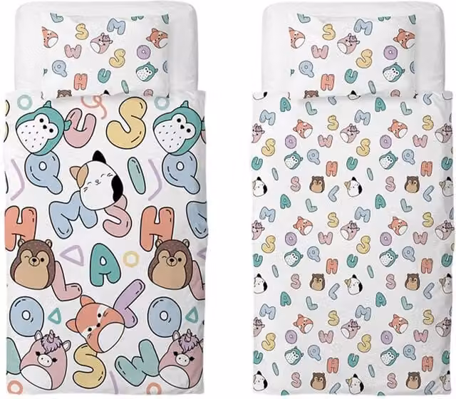Squishmallows Reversible Graphic Duvet Cover and Pillowcase Set, Multicolour, W: 140 cm, H: 200 cm