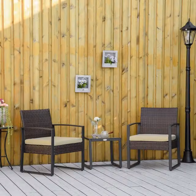 Outsunny 3 Piece Modern Polyrattan Bistro Dining Set with Glass Table in Brown and Beige