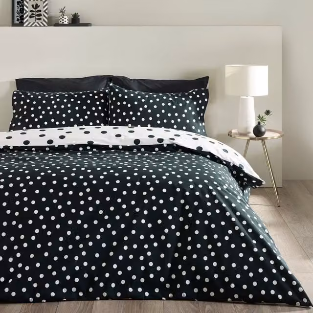 Catherine Lansfield Reversible Polka Dot Duvet Cover Bedding Set in Black and White