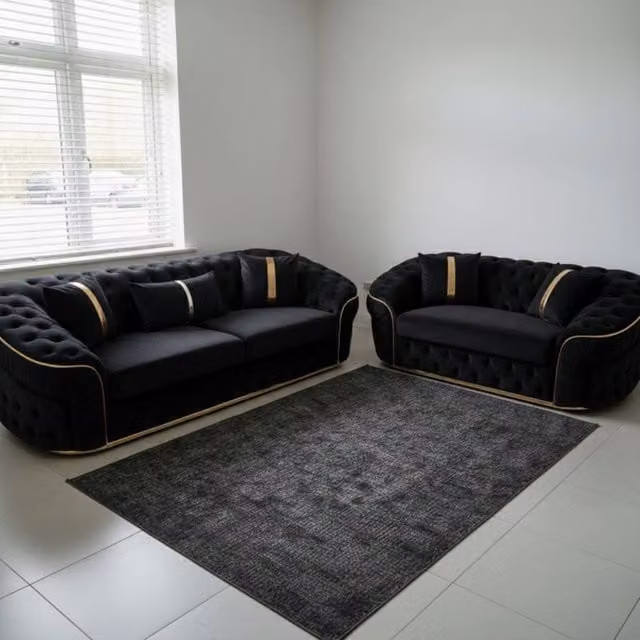 Stratus Interiors Ambassador 2+3 Sofa Set in Black Velvet with Silver Trim