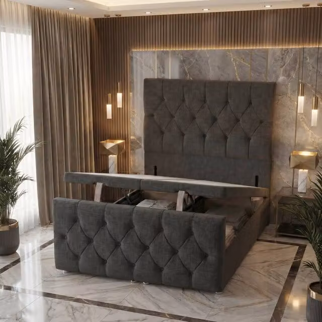Somnior Ziggy Single Storage Ottoman Divan Base with Headboard and Footboard in Charcoal Grey Linen Fabric, W/D/H: 90 x 190 cm