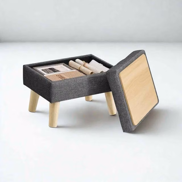 The Bazaarist Grey Fabric Storage Ottoman with Rubberwood Legs, W/D/H: 40 x 30 x 29 cm