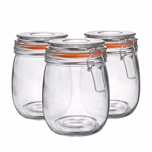 Argon Tableware Glass Storage Jars with Airtight Clip Lid, Set of 3, 0.75 l, Transparent and Orange – 1