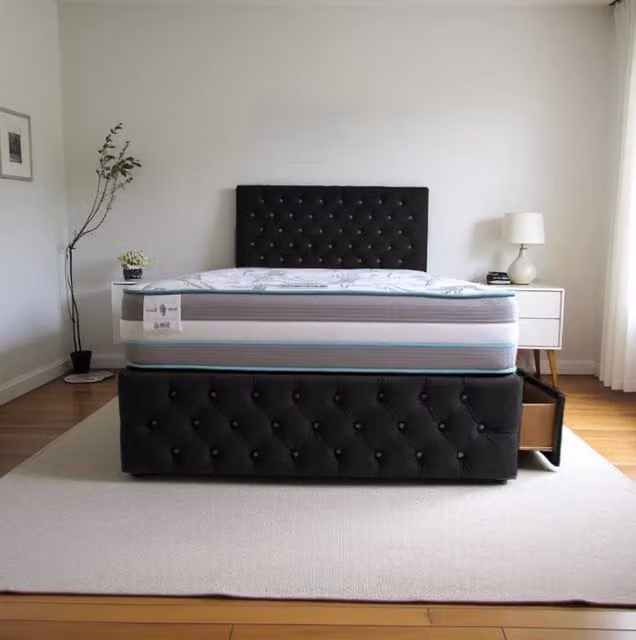 Knight Sleep Delaware Plush Double Bed with Hybrid Mattress, Headboard and 2 Drawers in Black