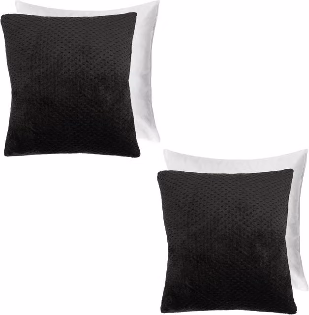 Brentfords Pack of 2 Black Waffle Fleece Filled Square Cushions with Removable Washable Covers