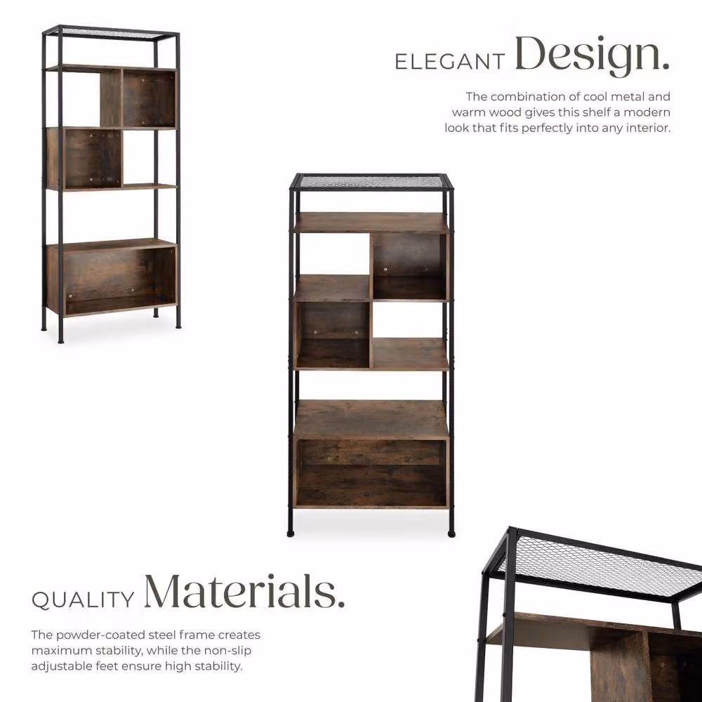 tectake Hastings Free Standing Shelf with 5 Tiers and 3 Storage Compartments in Brown – 4