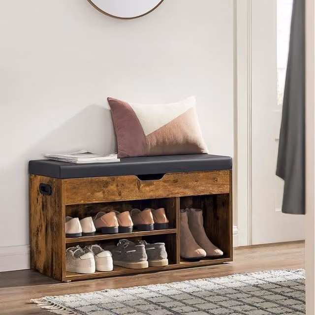 VASAGLE Industrial Shoe Storage Bench with Padded Synthetic Leather Cushion and 3 Compartments in Brown