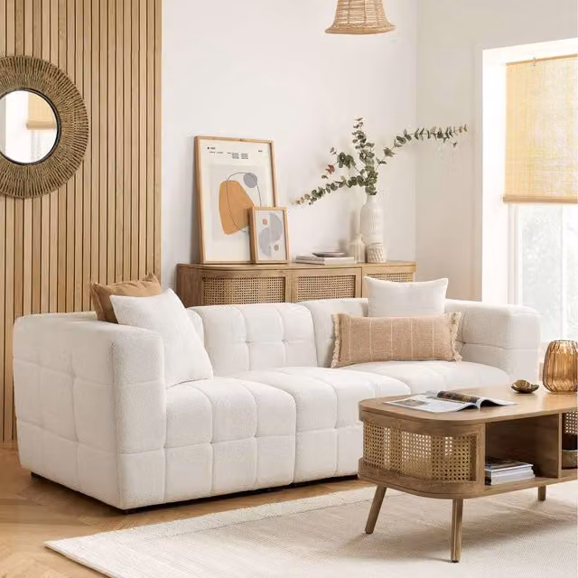 Birlea Cloud 3 Seater Upholstered Bouclé Sofa with Matching Ottoman in White
