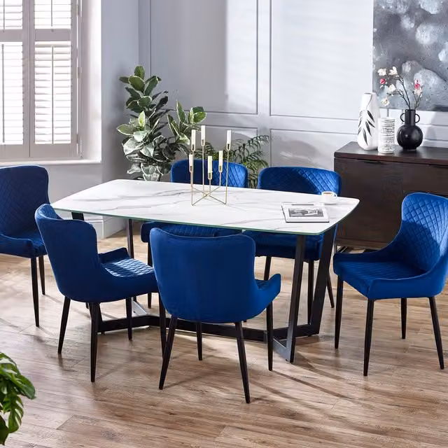 Julian Bowen Olympus White Marble Effect Dining Table and Blue Luxe Chairs Set