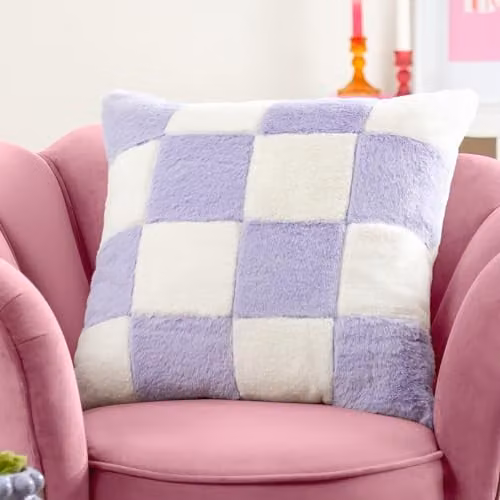 Heya Home Cozee Check Faux Fur Cushion in Purple, W/D/H: 50 x 50 x 50 cm – 1