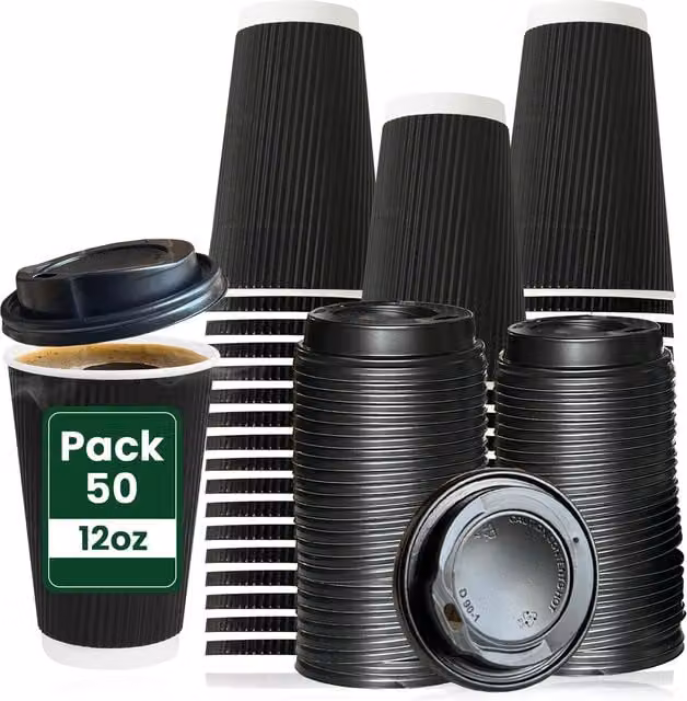 ECONX Disposable Black Paper Coffee Cups with Lids, 354.88 ml, Pack of 50