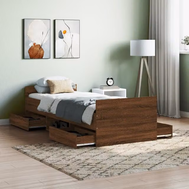 Berkfield Home Small Single Bed Frame with Headboard and Footboard in Brown Oak – 1