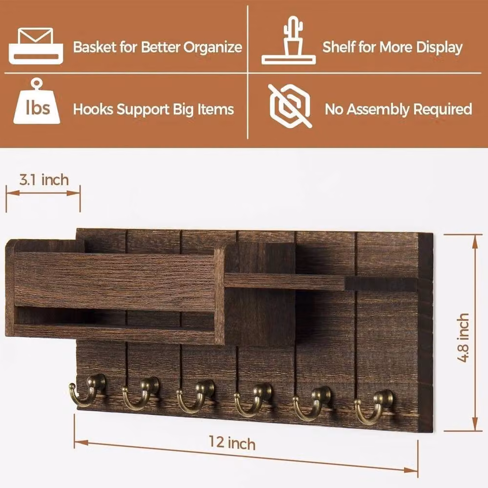 FLAVORA Brown Wood Wall Mounted Key and Letter Organiser Rack with Shelf and Hooks – 2