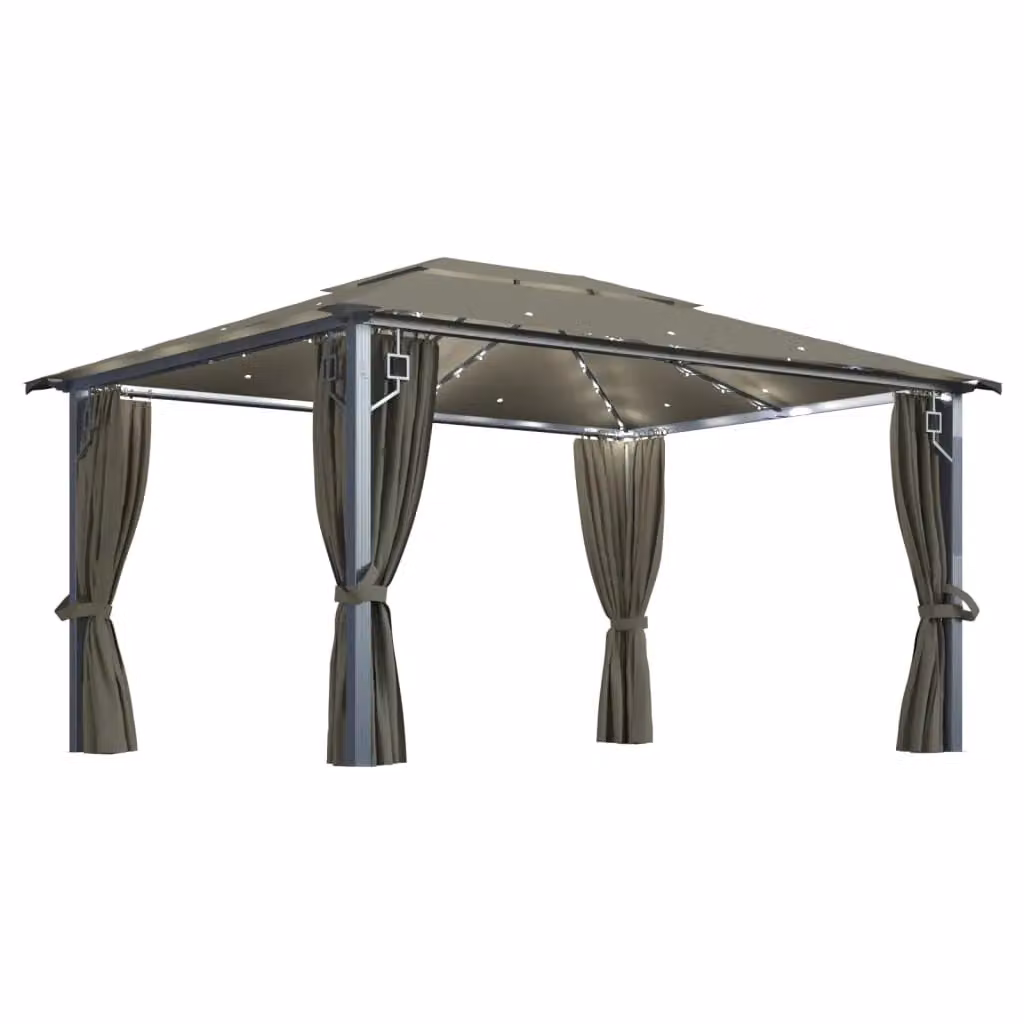 Berkfield Home Aluminium Gazebo with Curtains and LED String Lights, Beige, W: 4 m, D: 3 m – 2