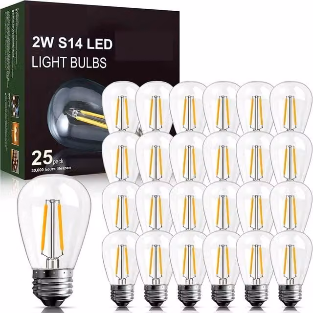 VOGREX 25 Pack Shatterproof LED Outdoor Screw Bulb, 2W, 2200K Warm White, Transparent