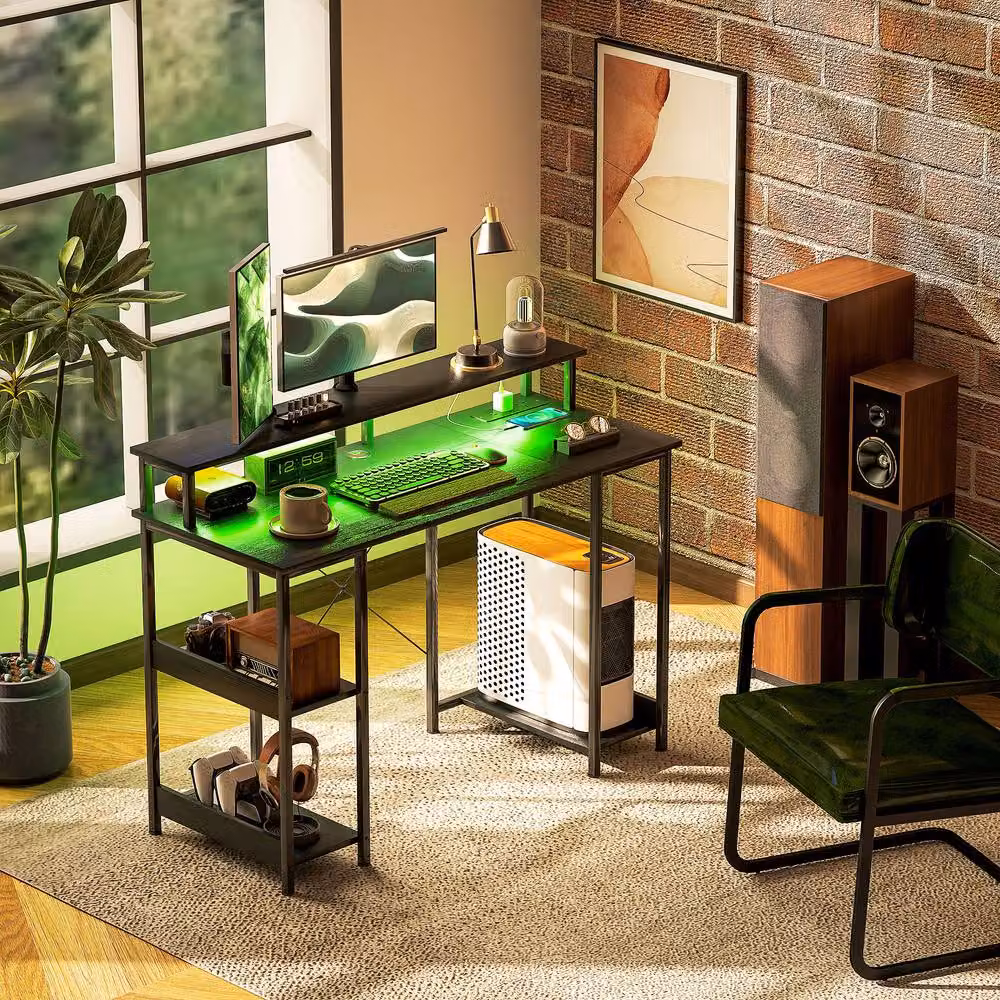 Rolipo Modern LED Computer Desk with Power Outlets and Shelves in Black – 4