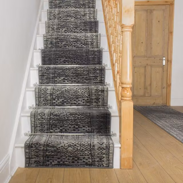 runrug Black Afrikans Grey Ethnic Stair Carpet Runner, W: 60 cm, L: 450 cm