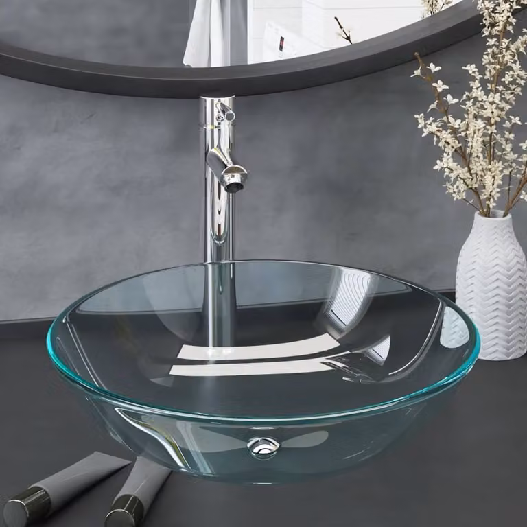 Berkfield Home Round Clear Tempered Glass Bathroom Sink with Tap and Push Drain
