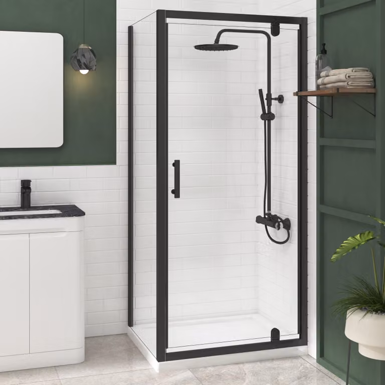 Royal Bathrooms Milan Rectangular Pivot Door Shower Enclosure, Matt Black, 6mm Glass, W: 76 cm, D: 90 cm