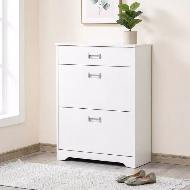 STILVORA Modern White Shoe Cabinet with Drawer and Tilting Compartments