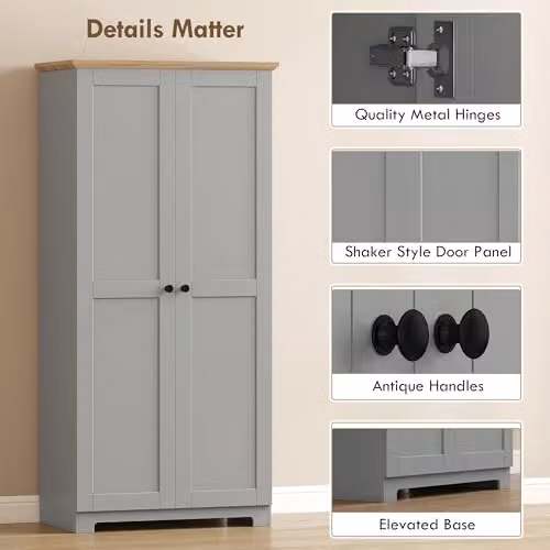 HOMCOM Modern Grey Freestanding Tall Kitchen Storage Cabinet with 2 Hinged Doors and Internal Shelves, H 172 x W 80 x D 47 cm – 6