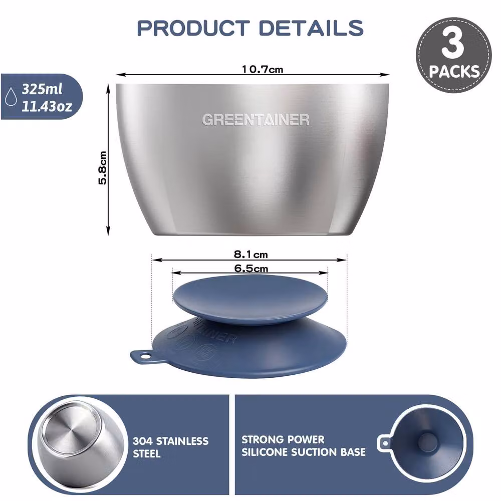 Greentainer 3-Piece Insulated Baby Suction Bowl Set in Multicolour and Silver with Stainless Steel and Silicone – 3