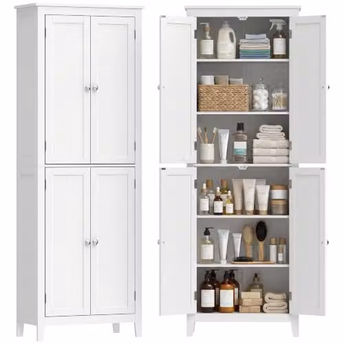 HOMCOM Modern White Freestanding Bathroom Storage Cabinet with Hinged Doors and Internal Shelves, H 170 x W 30 x D 60 cm