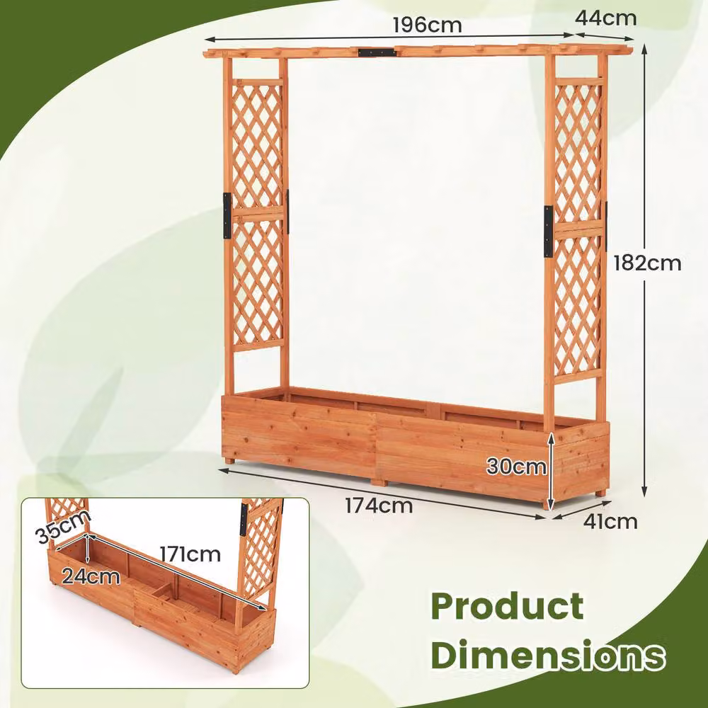Costway Wooden Raised Garden Bed Planter Box with Trellis in Brown, W/D/H: 182.0 x 174.0 x 41.0 cm – 2
