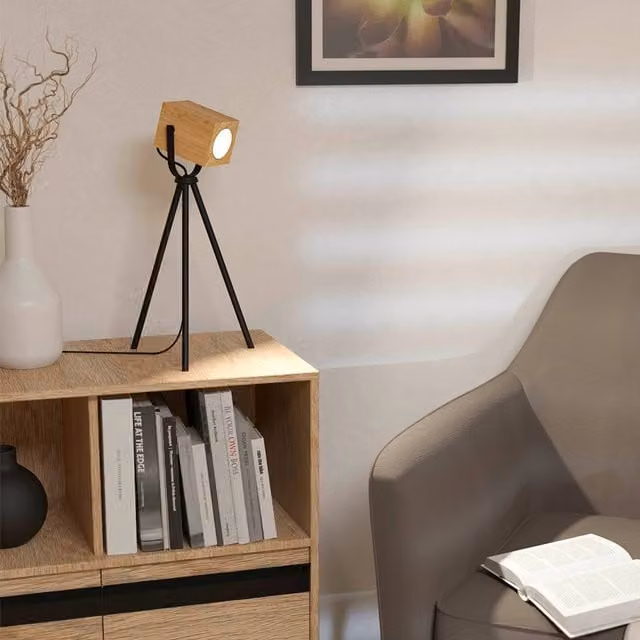 Eglo Ayles Black Steel Table Lamp with Brown Wood Shade