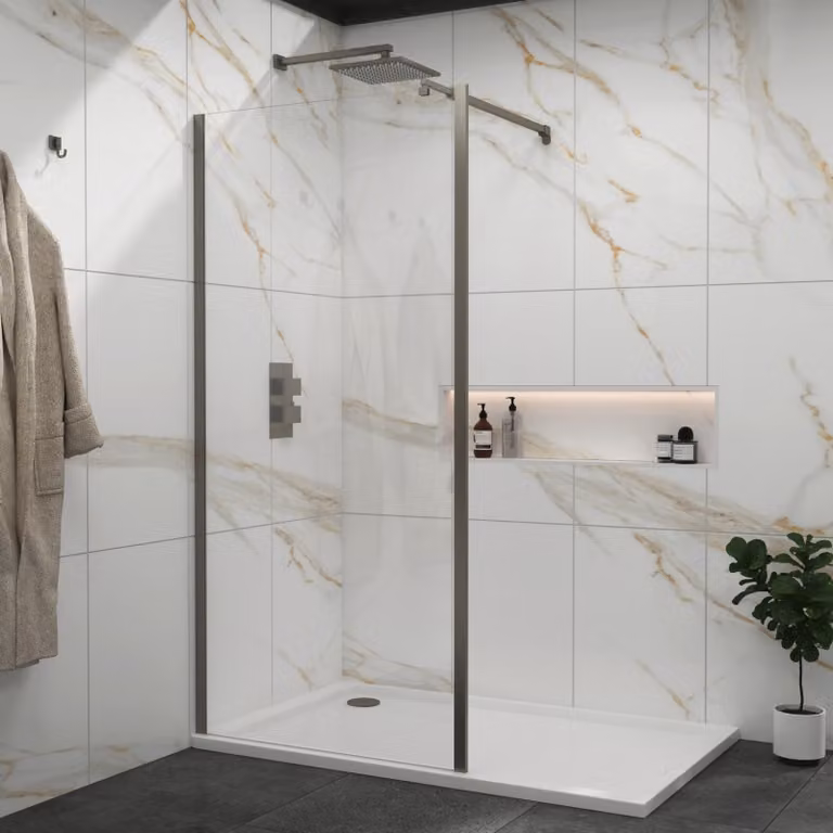 Royal Bathrooms Marbella Walk In Wet Room Shower Screen with Outer Frame, Gun Metal Grey, W: 100 cm, H: 185 cm, 8mm Easy Clean Glass