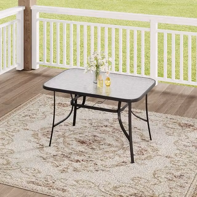 Komore Modern Rectangular Black Glossy Tempered Glass Garden Table with Four Legs