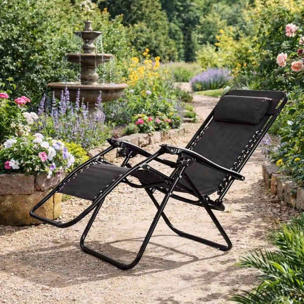 FORGEVIO Zero Gravity Reclining Sun Lounger in Black with Adjustable Headrest and Textilene Fabric – 3